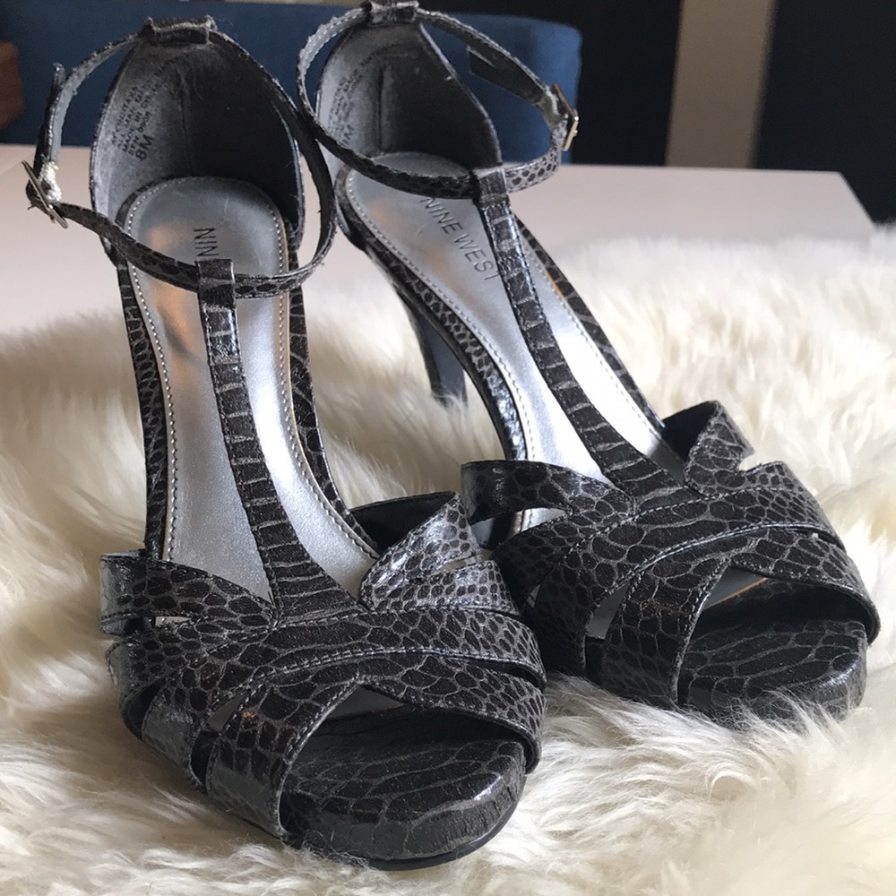 Nine West Gray Croc Strappy High Heels